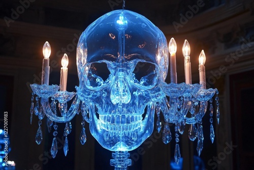 Stunning glass chandelier shaped like a skull with glowing candles illuminating the intricate design in a dark setting photo