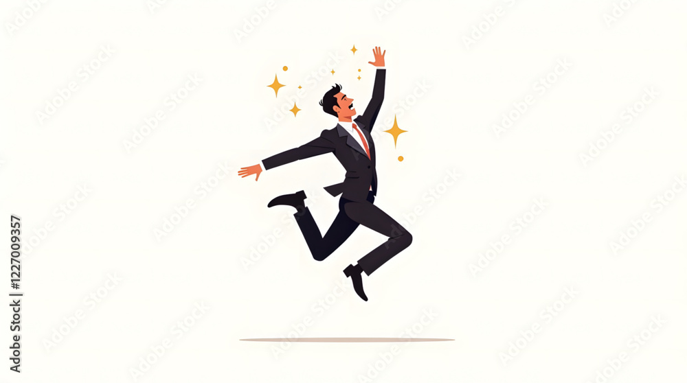 professional figure dressed in a dark suit and red tie, captured mid-jump with arms outstretched and one leg bent backward. The background is a plain, light color, which helps to emphasize the dynamic professional figure dressed in a dark suit and red tie, captured mid-jump with arms outstretched and one leg bent backward. The background is a plain, light color, which helps to emphasize the dynamic