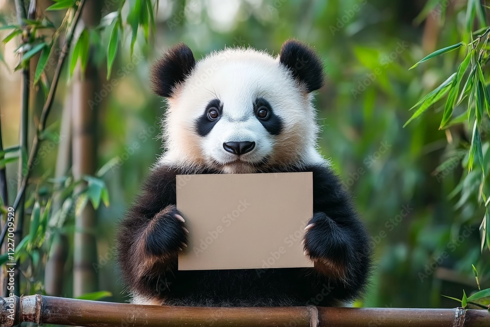 Fototapeta premium Cute panda cub holding a blank sign while sitting on a wooden branch in a bamboo grove during daytime