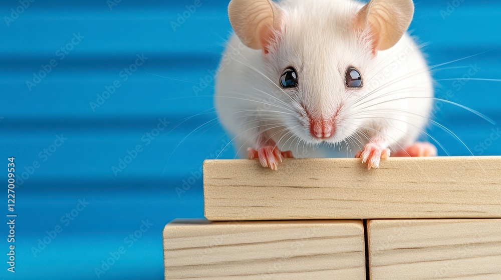 Obraz premium Adorable White Mouse on Wooden Blocks Against Bright Blue Background