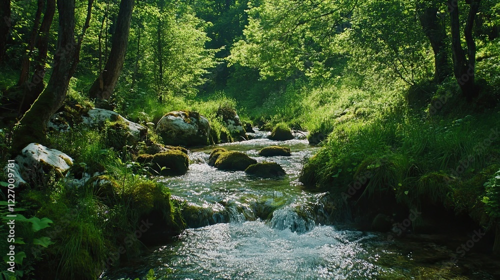 Serene stream flowing through lush green forest. Nature background for travel brochure. Serene stream flowing through lush green forest. Nature background for travel brochure.