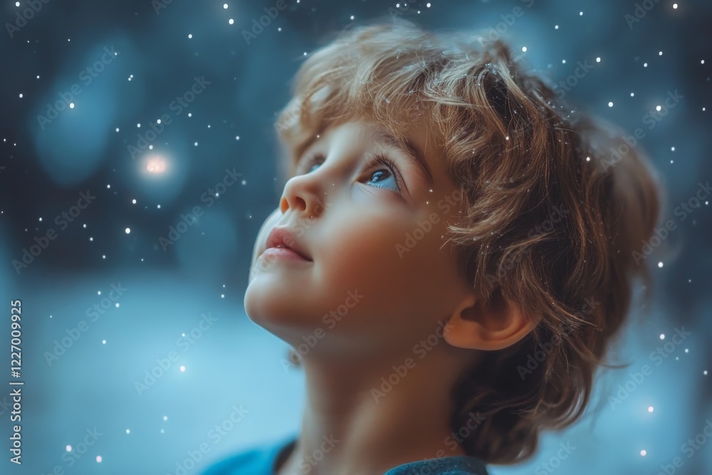Child gazing at falling snowflakes in a serene winter setting, capturing the wonder of nature Child gazing at falling snowflakes in a serene winter setting, capturing the wonder of nature