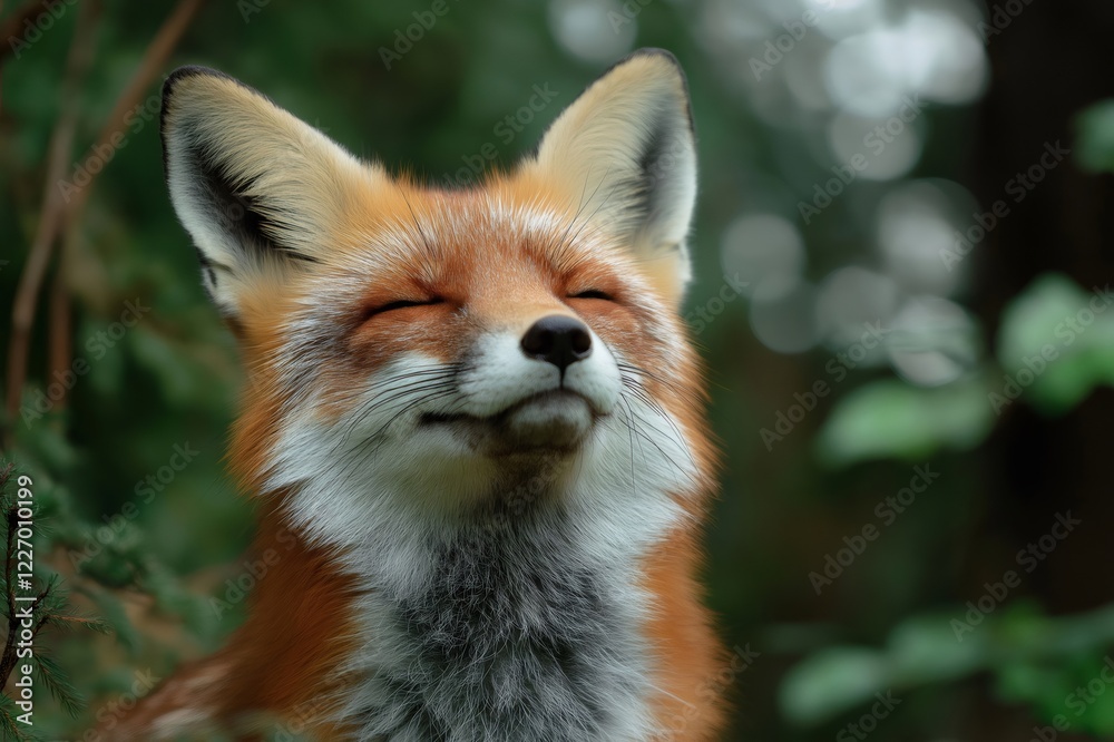 Wild red fox with closed eyes enjoying sunlight in the forest, showing its cleverness and cunning nature Wild red fox with closed eyes enjoying sunlight in the forest, showing its cleverness and cunning nature