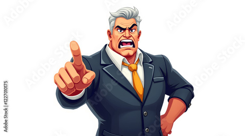 Illustration of a businessman with a angry face, dressed in a dark suit and an orange tie. The businessman is pointing directly at the viewer with a confident and assertive gesture