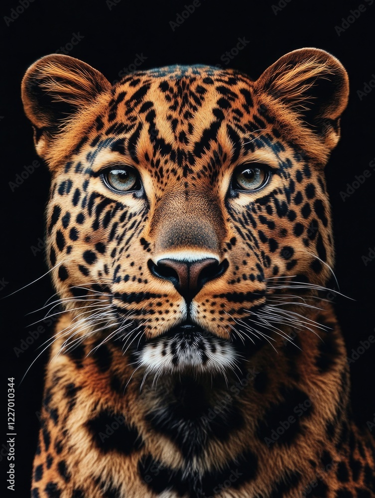 Obraz premium A majestic panther gazes intently into the camera, showcasing its powerful features and striking fur pattern.