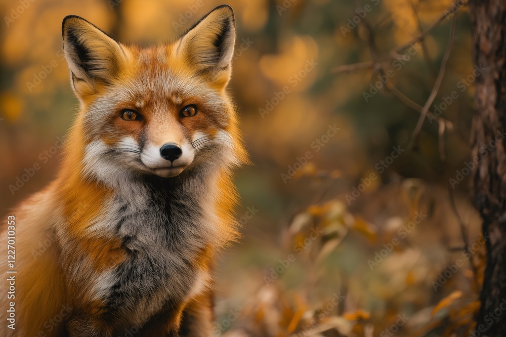 Fototapeta premium Wild red fox sitting in the woods during fall season, creating a captivating wildlife scene