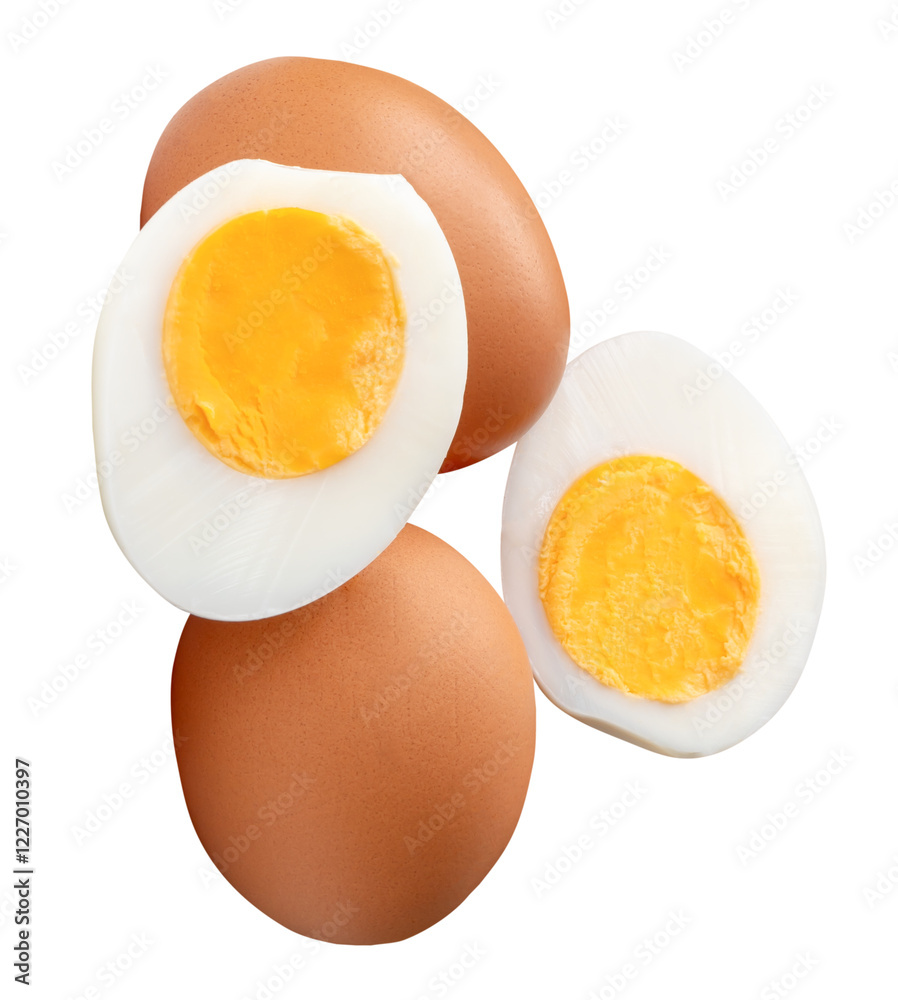 Top view of two raw chicken eggs and peeled cooked or boiled egg with egg yolk in two halves in stack isolated with clipping path in png file format Top view of two raw chicken eggs and peeled cooked or boiled egg with egg yolk in two halves in stack isolated with clipping path in png file format