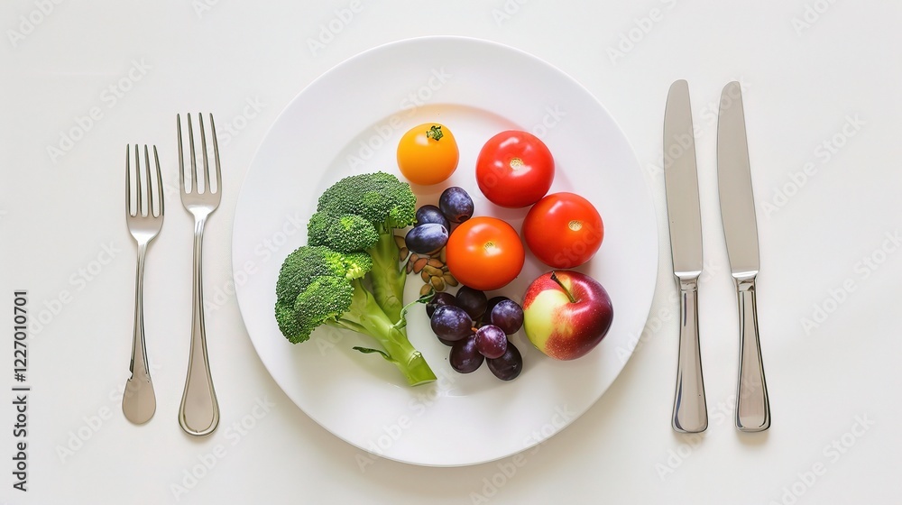 A visually appealing balanced plate filled with an array of colorful fruits and vegetables. The plate showcases a diverse selection of fresh produce, highlighting the importance of a healthy and nutri A visually appealing balanced plate filled with an array of colorful fruits and vegetables. The plate showcases a diverse selection of fresh produce, highlighting the importance of a healthy and nutri