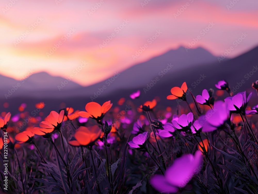 Obraz premium A vibrant field of flowers in shades of purple and orange against a stunning sunset backdrop with distant mountains.