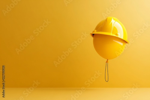 Bright yellow construction helmet floats against a solid yellow background, symbolizing safety and professionalism in the industry photo