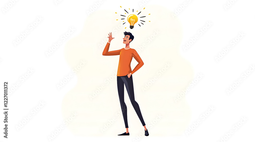 Person standing with a lightbulb above the head, symbolizing a moment of inspiration or a new idea. The person is dressed in an orange long-sleeve shirt and dark pants Person standing with a lightbulb above the head, symbolizing a moment of inspiration or a new idea. The person is dressed in an orange long-sleeve shirt and dark pants