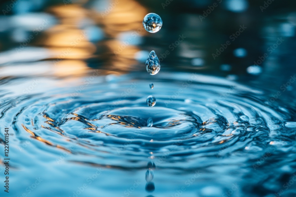Droplet impacts water surface creating ripples under natural light