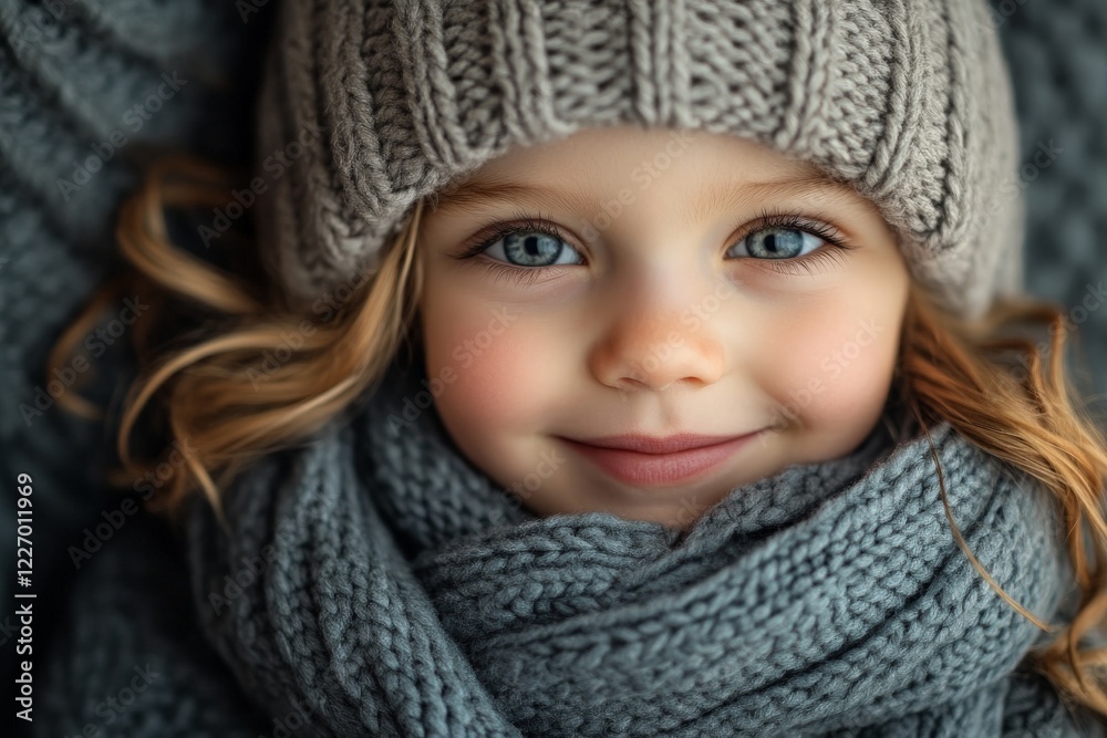 Beautiful child with blue eyes smiling warmly in cozy winter attire surrounded by soft textures Beautiful child with blue eyes smiling warmly in cozy winter attire surrounded by soft textures