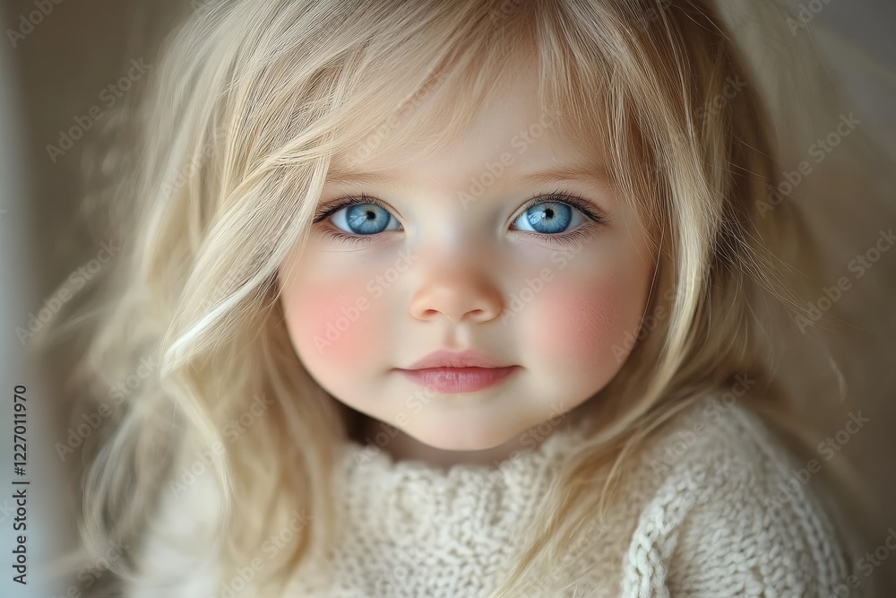 Young girl with bright blue eyes and soft blonde hair posing indoors during daytime Young girl with bright blue eyes and soft blonde hair posing indoors during daytime