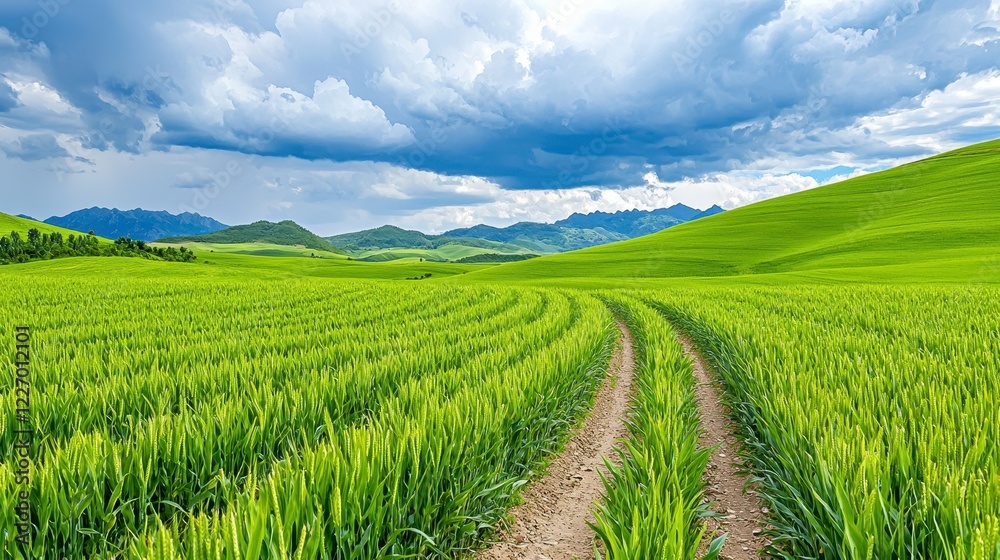 Naklejka premium Serene Landscape Dirt Road Through Lush Green Field and Rolling Hills