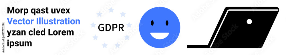 Fototapeta premium Smiling face, laptop, and GDPR text emphasize online privacy, compliance, and data security. Ideal for tech, cybersecurity, privacy laws, user rights digital policies safe browsing abstract line