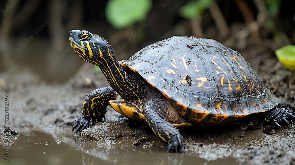 Indian softshell turtle basking a sunlit muddy riverbank its elongated neck and patterned shell gleaming under the warm midday light Indian softshell turtle basking a sunlit muddy riverbank its elongated neck and patterned shell gleaming under the warm midday light