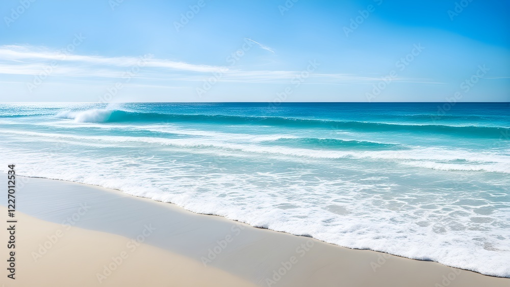 Serene ocean waves gently lapping on a pristine sandy beach under a vibrant blue sky. Serene ocean waves gently lapping on a pristine sandy beach under a vibrant blue sky.