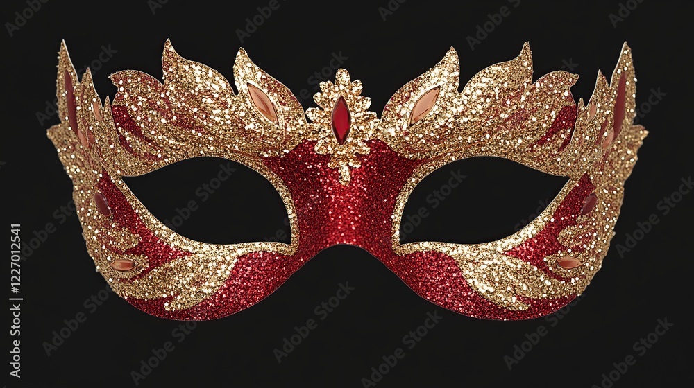 Naklejka premium Red gold glitter Venetian mask on black