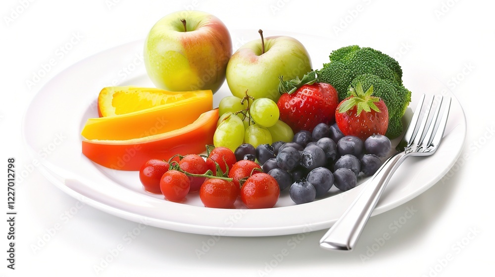 A visually appealing balanced plate filled with an array of colorful fruits and vegetables. The plate showcases a diverse selection of fresh produce, highlighting the importance of a healthy and nutri A visually appealing balanced plate filled with an array of colorful fruits and vegetables. The plate showcases a diverse selection of fresh produce, highlighting the importance of a healthy and nutri