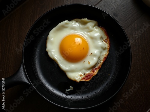 an image of a fried egg in a pan on a table. photo