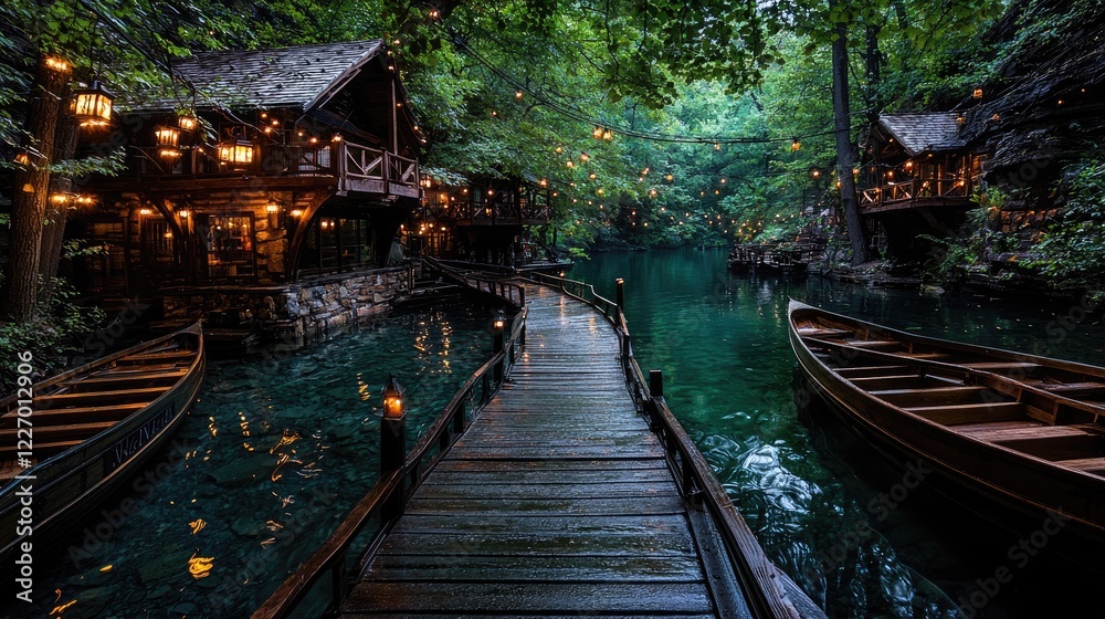 Obraz premium Wooden boardwalk path to riverside cabins, lanterns, boats, lush forest