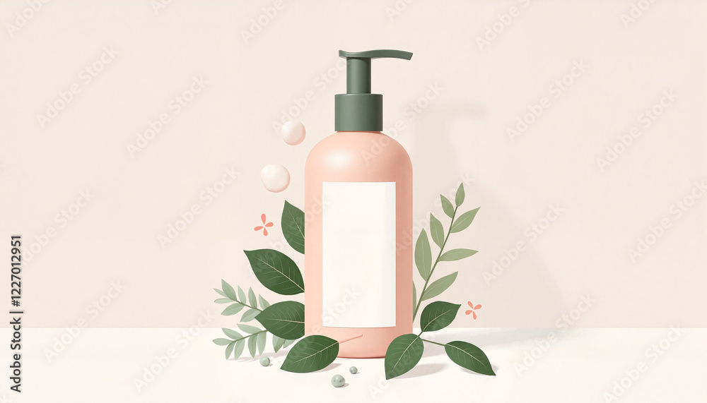 Cosmetic bottle with leaves and bubbles on a light background