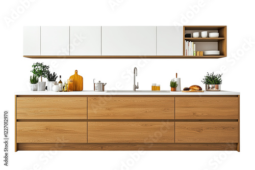 Isolated Kitchen Island with Wooden Drawer and White Upper Cabinets, Interior Design Composition