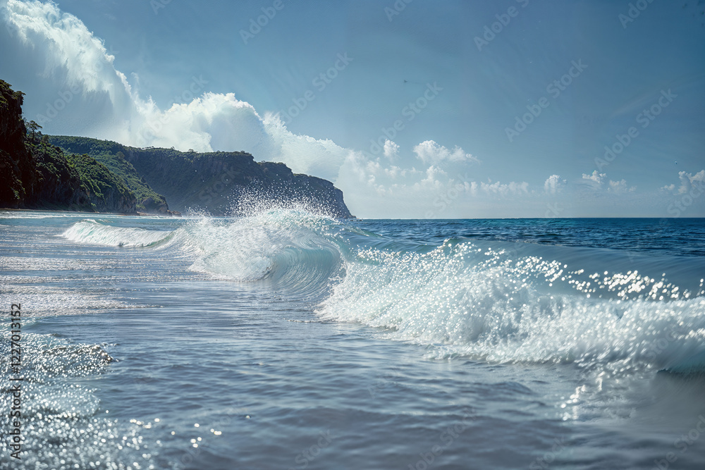 Coastal shoreline with waves under a clear blue sky