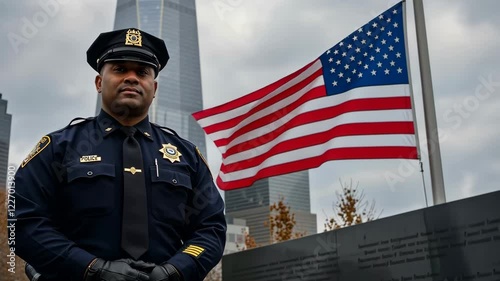 Policeman, black ethnicity and portrait near 9/11 memorial with american flag for service, safety and remembrance. Cop, officer and guard in uniform, patriotism and security for protection and honor