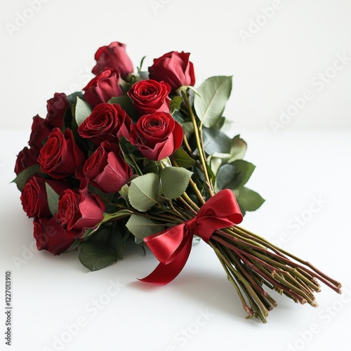 Elegant bouquet of red roses with ribbon on white background