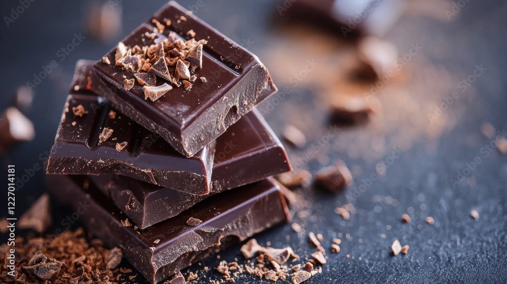 Dark chocolate pieces with cocoa powder on a textured surface