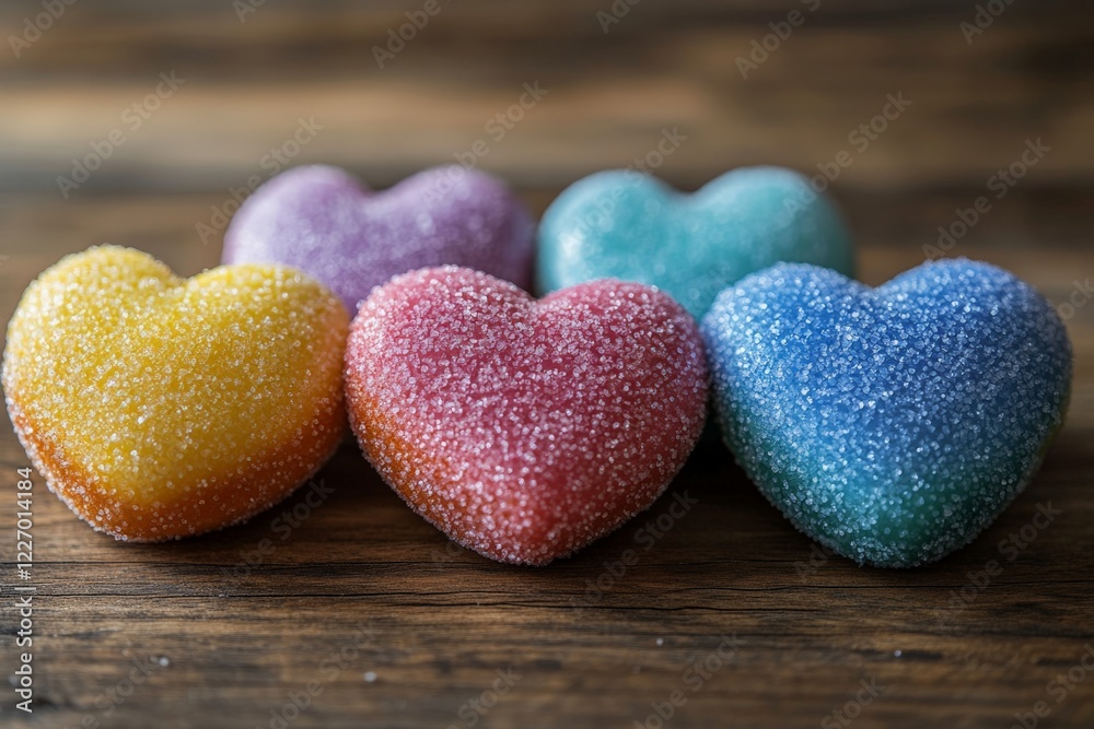 Obraz premium Colorful heart-shaped candies arranged on a rustic wooden surface for a sweet celebration or gift