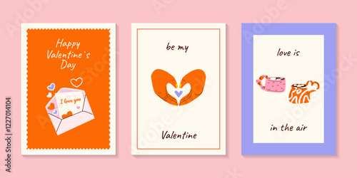 Valentine`s Day cute card set with envelope, mugs, heart. Illustrations of love, couple, heart. For postcard, card, congratulations, poster, brochures.	