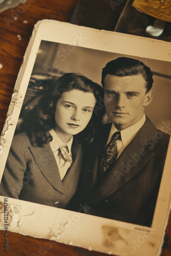 old black and white photo of young couple on wooden table from 1940s photo
