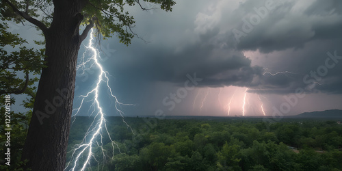 A macro shot of a single lightning bolt splitting a tree, zooming out to show a storm raging across a dense forest, 8K resolution