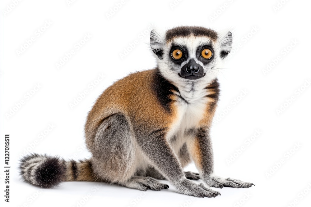 Obraz premium Ring-tailed lemur sitting, white background