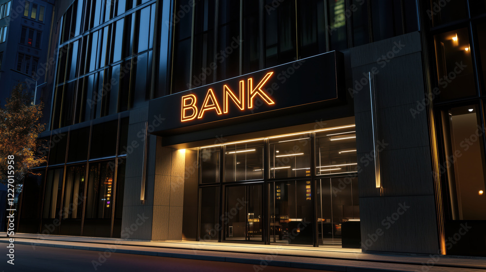 Bank. Modern Bank Glass Building with illuminated sign. Bank. Modern Bank Glass Building with illuminated sign.
