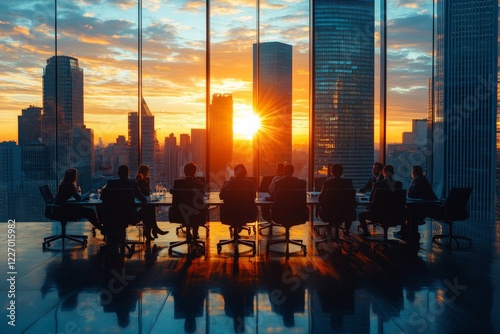 Business leaders hold meeting at sunset in modern city skyline with glass windows reflecting warm colors photo