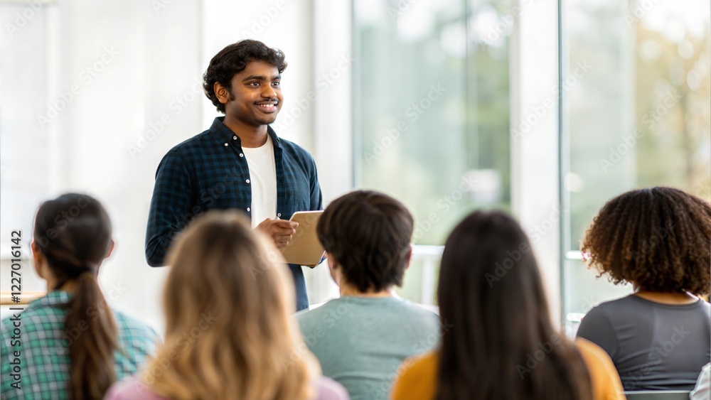 An Indian student presenting in front of classmates, with a blurred classroom behind.
a student delivering a presentation, with the classroom background blurred to draw attention to the presenter. An Indian student presenting in front of classmates, with a blurred classroom behind.
a student delivering a presentation, with the classroom background blurred to draw attention to the presenter.