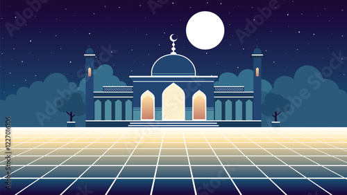 vector illustration of a mosque under the night sky with stars and a full moon