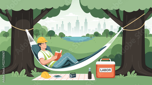 Vector illustration of a worker relaxing on a hammock on labor day with a calming and cool view