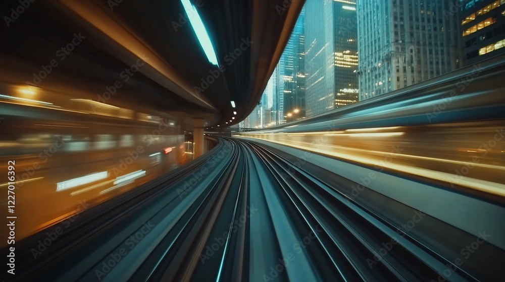Fototapeta premium Fast train moving at night time on railway tracks with a blurred urban backdrop at a rapid speed