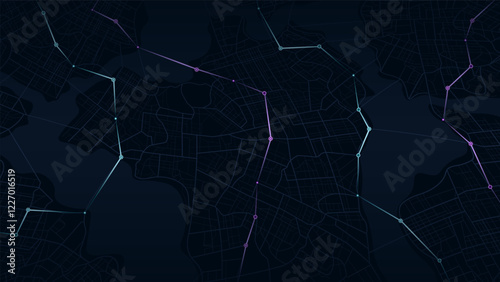 Abstract navigation plan of the urban area depicted as a simple scheme with routes. Concept of planning and mapping a travel route using a general city map. Flat vector illustration