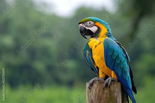 A colorful macaw perched on a wooden post, showcasing vibrant blue and yellow feathers against a blurred green background.