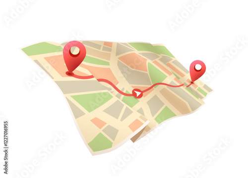 Paper map with red point. Local street gps navigate. City route navigation to marker. Geography distance plan. Vector illustration on white background