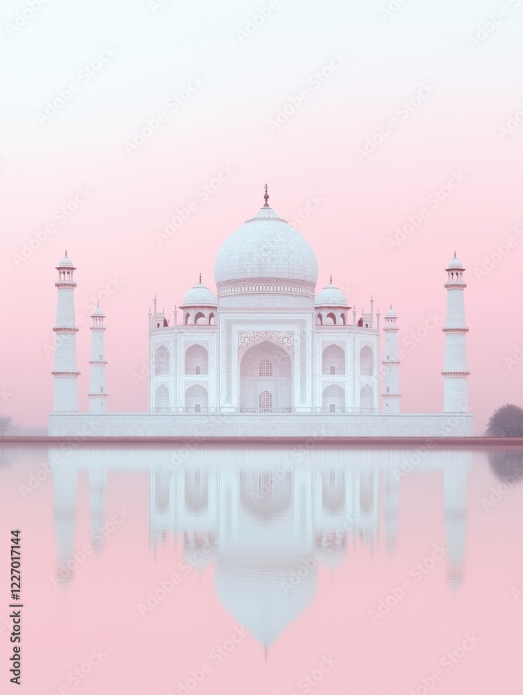 Obraz premium Taj Mahal stands brilliantly with reflections in calm waters, bathed in soft pink hues of early morning light