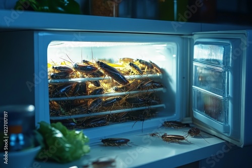 Cockroaches inside a refrigerator indicating improper food storage and hygiene issues in a kitchen environment