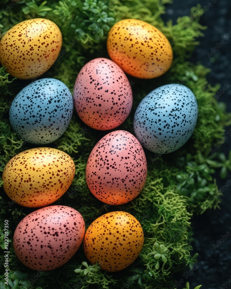 Obraz premium Colorful speckled eggs resting on lush green moss for springtime decor inspiration