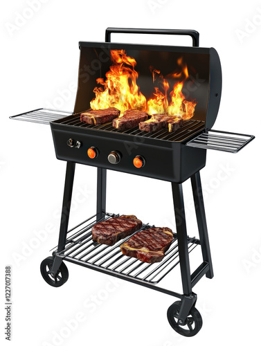 Isolated Black BBQ Grill with Steaks and Flames